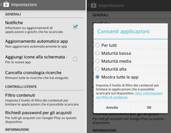 Attivare il filtro famiglia nel Play Store