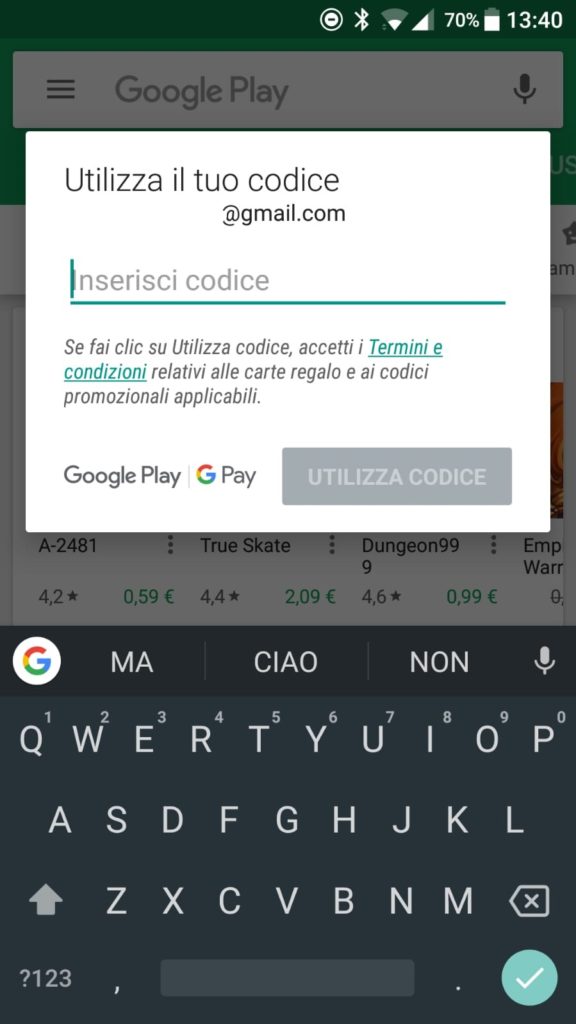 Come riscattare un codice regalo del Google Play Store