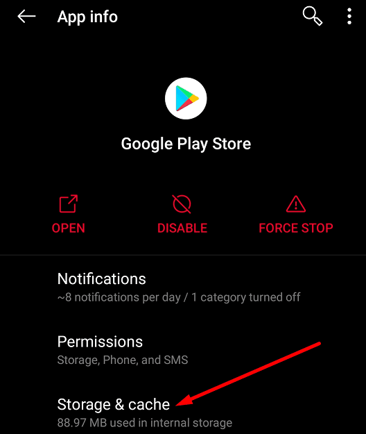 Memoria e cache di OnePlus Google Play Store