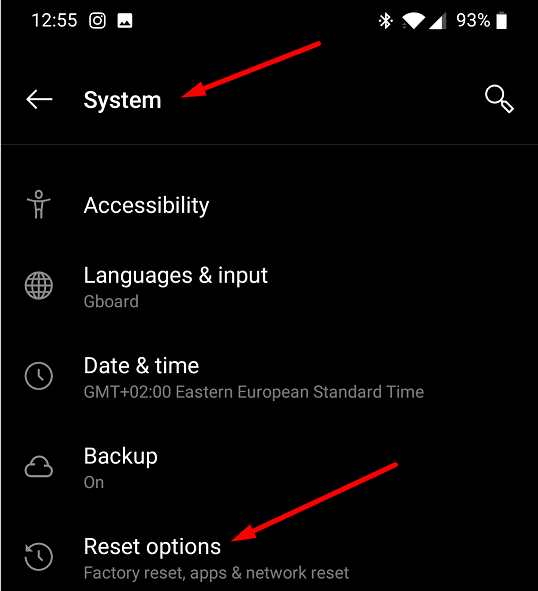 opzioni di ripristino di oneplus