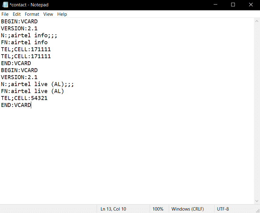modificare i dettagli del file vcf nel Blocco note. Come modificare il file VCF su Windows 10