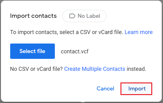 importa il file vcf dei contatti nei contatti di Google