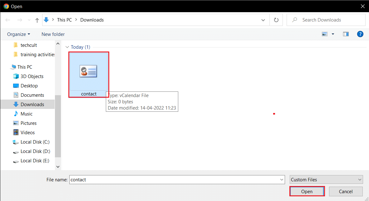 apri il file vcf da importare nei contatti di Google