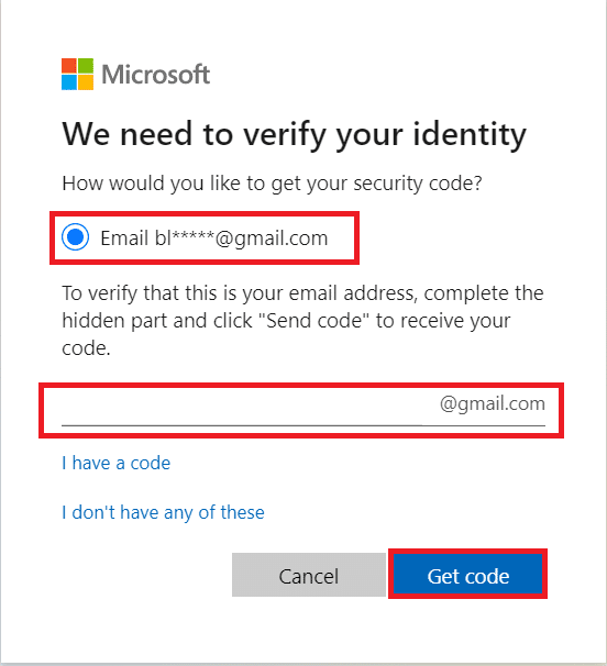 Seleziona l'opzione E-mail. Inserisci l'indirizzo email di contatto e clicca su Ottieni codice