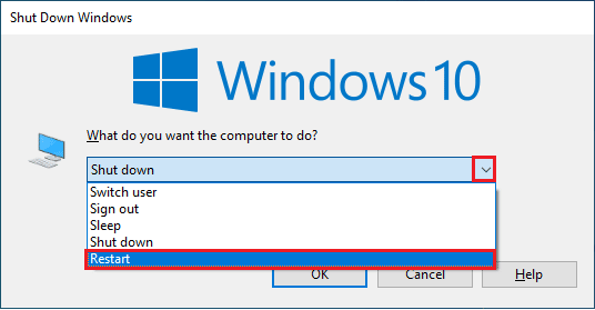 seleziona l'opzione Riavvia dal menu a discesa e premi Invio. Correggi il codice di errore di aggiornamento di VMware Tools 21001 in Windows 10