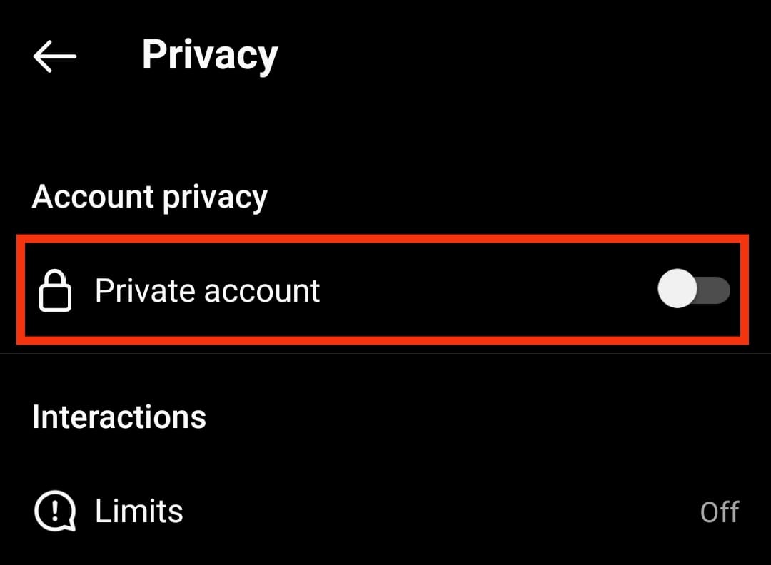 Attivare l'interruttore per l'opzione Account privato | Come nascondere i post di qualcuno su Instagram