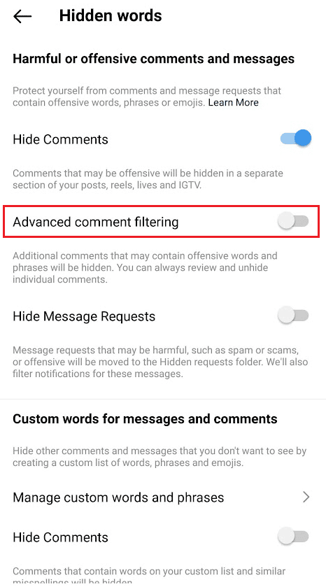Attiva l'interruttore per il filtro avanzato dei commenti | Come ordinare i commenti di Instagram 