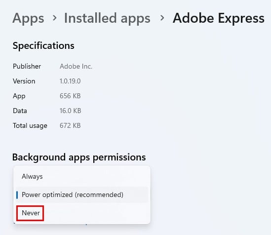 Consenti l'esecuzione delle app in background Opzione Mai in Windows 11